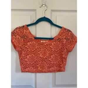 CEst Toi Womens Coral Lace Short Sleeve Cropped Top Size M